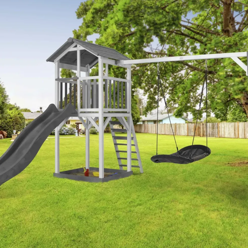 Aire de jeu Beach Tower Axi avec 1 balançoire Nid ovale et toboggan bleu