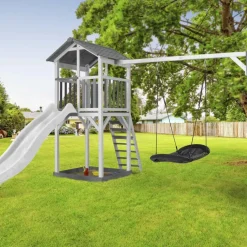 Aire de jeu Beach Tower Axi avec 1 balançoire Nid ovale et toboggan bleu