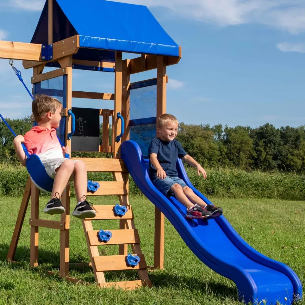 Aire de jeux 2 balançoires toboggan bleu Aurora Backyard Discovery