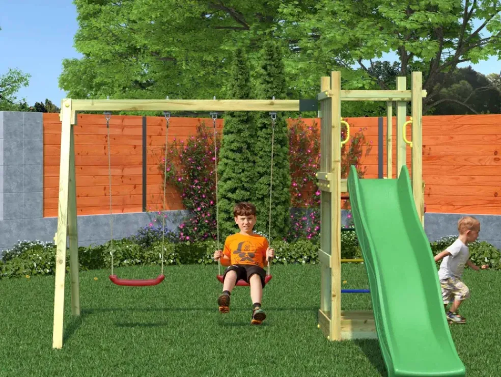 Aire de jeux avec bac à sable et 2 balançoires en bois Funny3 Fungoo