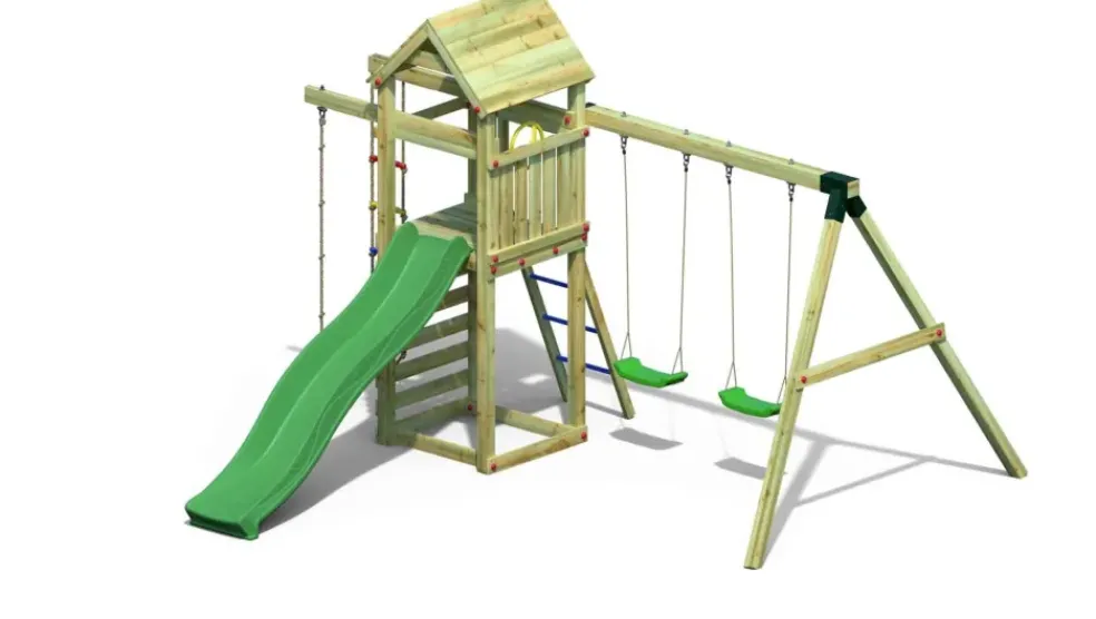 Aire de jeux avec échelle à corde et 2 balançoires Gaia de chez Fungoo
