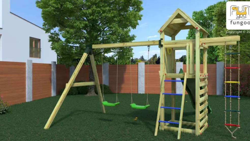 Aire de jeux avec échelle à corde et 2 balançoires Gaia de chez Fungoo