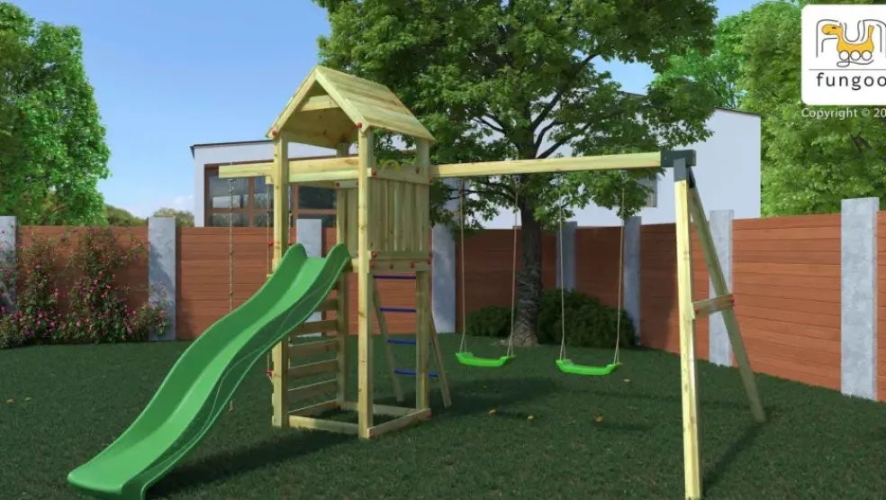 Aire de jeux avec échelle à corde et 2 balançoires Gaia de chez Fungoo