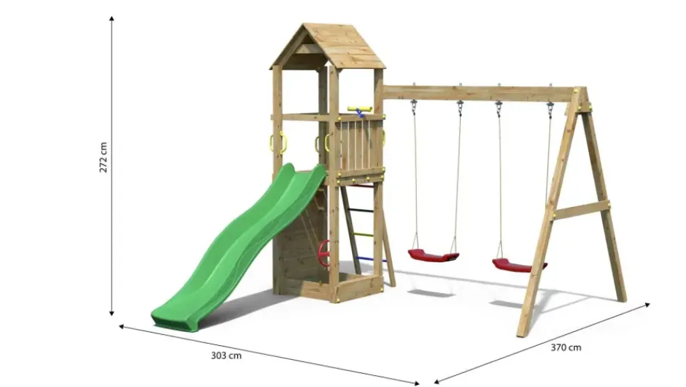 Aire de jeux avec toboggan et 2 balançoires Flappi de chez Fungoo