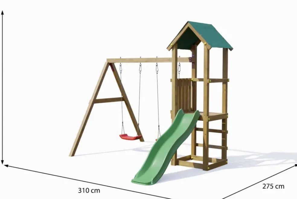 Aire de jeux avec toboggan, double balançoire en bois Lucas de Fungoo
