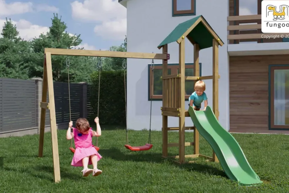 Aire de jeux avec toboggan, double balançoire en bois Lucas de Fungoo