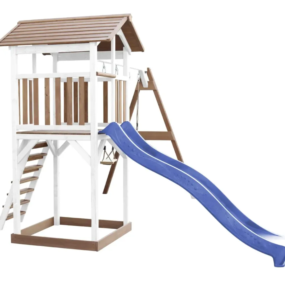 Aire de jeux en bois blanc/marron avec 2 balançoires et toboggan bleu Beach Tower Axi