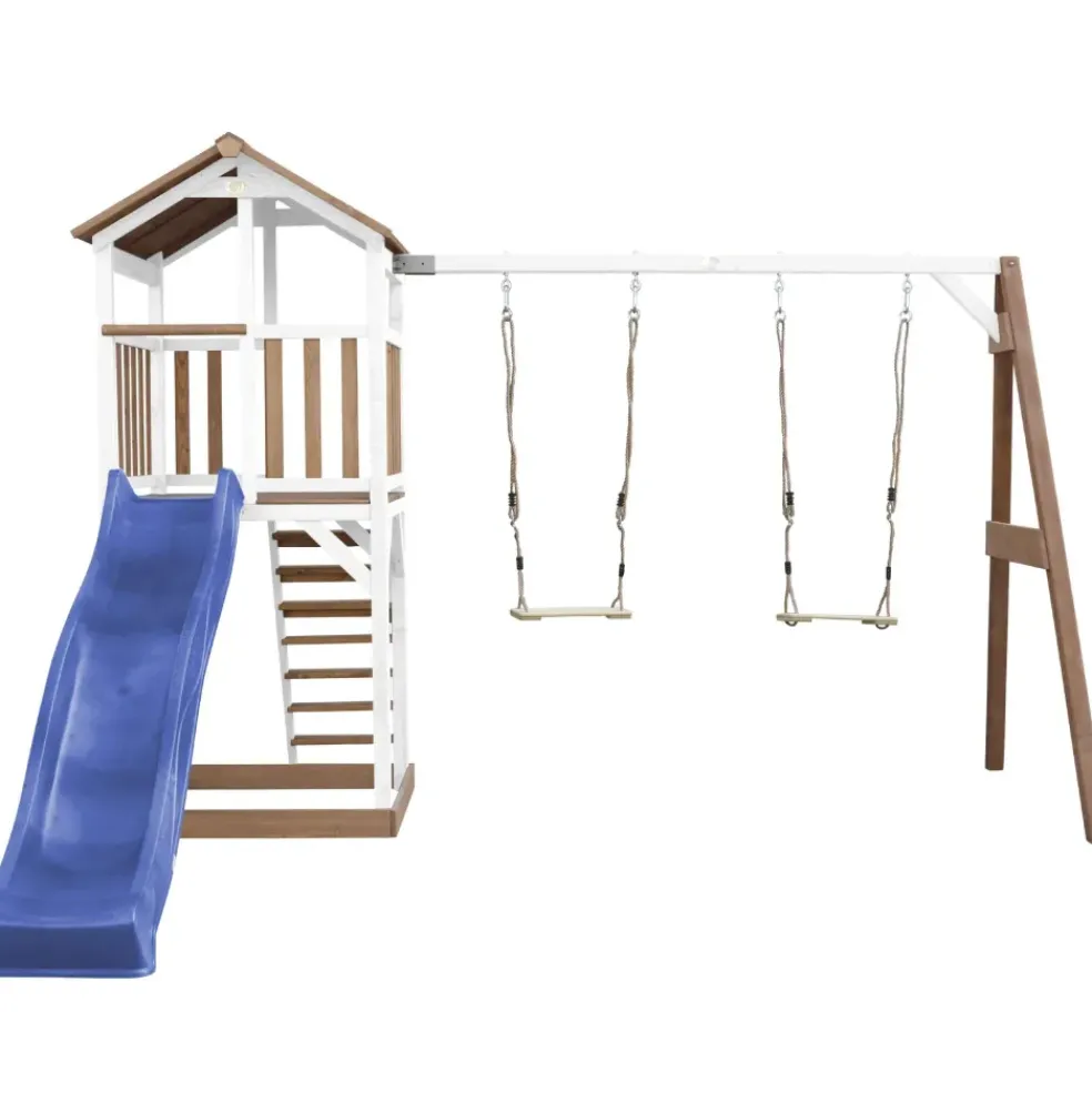 Aire de jeux en bois blanc/marron avec 2 balançoires et toboggan bleu Beach Tower Axi