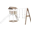Aire de jeux en bois blanc/marron avec 2 balançoires et toboggan blanc Beach Tower Axi