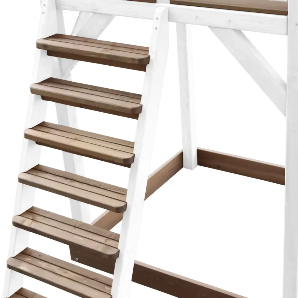 Aire de jeux en bois blanc/marron avec 2 balançoires et toboggan blanc Beach Tower Axi