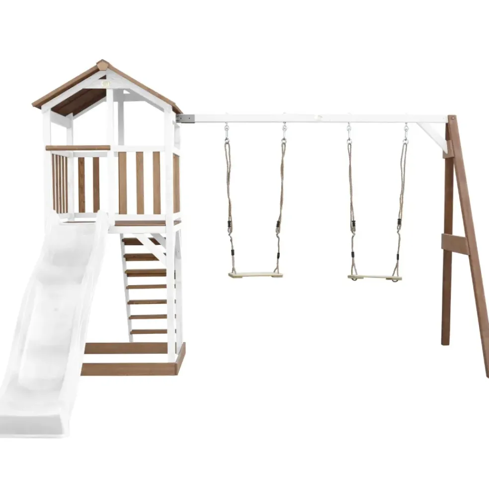 Aire de jeux en bois blanc/marron avec 2 balançoires et toboggan blanc Beach Tower Axi