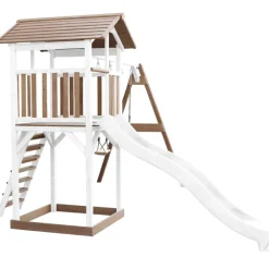 Aire de jeux en bois blanc/marron avec 2 balançoires et toboggan blanc Beach Tower Axi