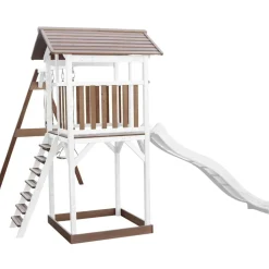 Aire de jeux en bois blanc/marron avec 2 balançoires et toboggan blanc Beach Tower Axi