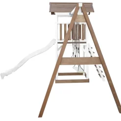 Aire de jeux en bois blanc/marron avec 2 balançoires et toboggan blanc Beach Tower Axi