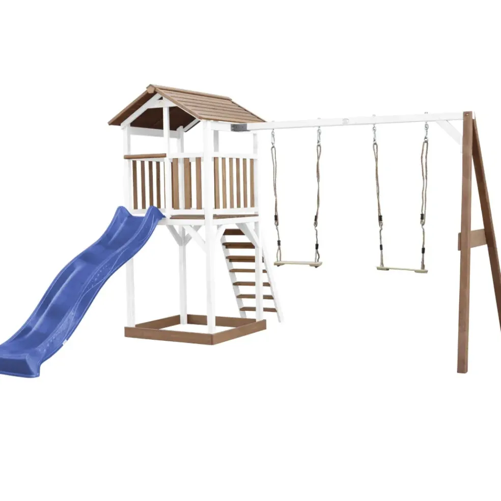 Aire de jeux en bois blanc/marron avec 2 balançoires et toboggan bleu Beach Tower Axi