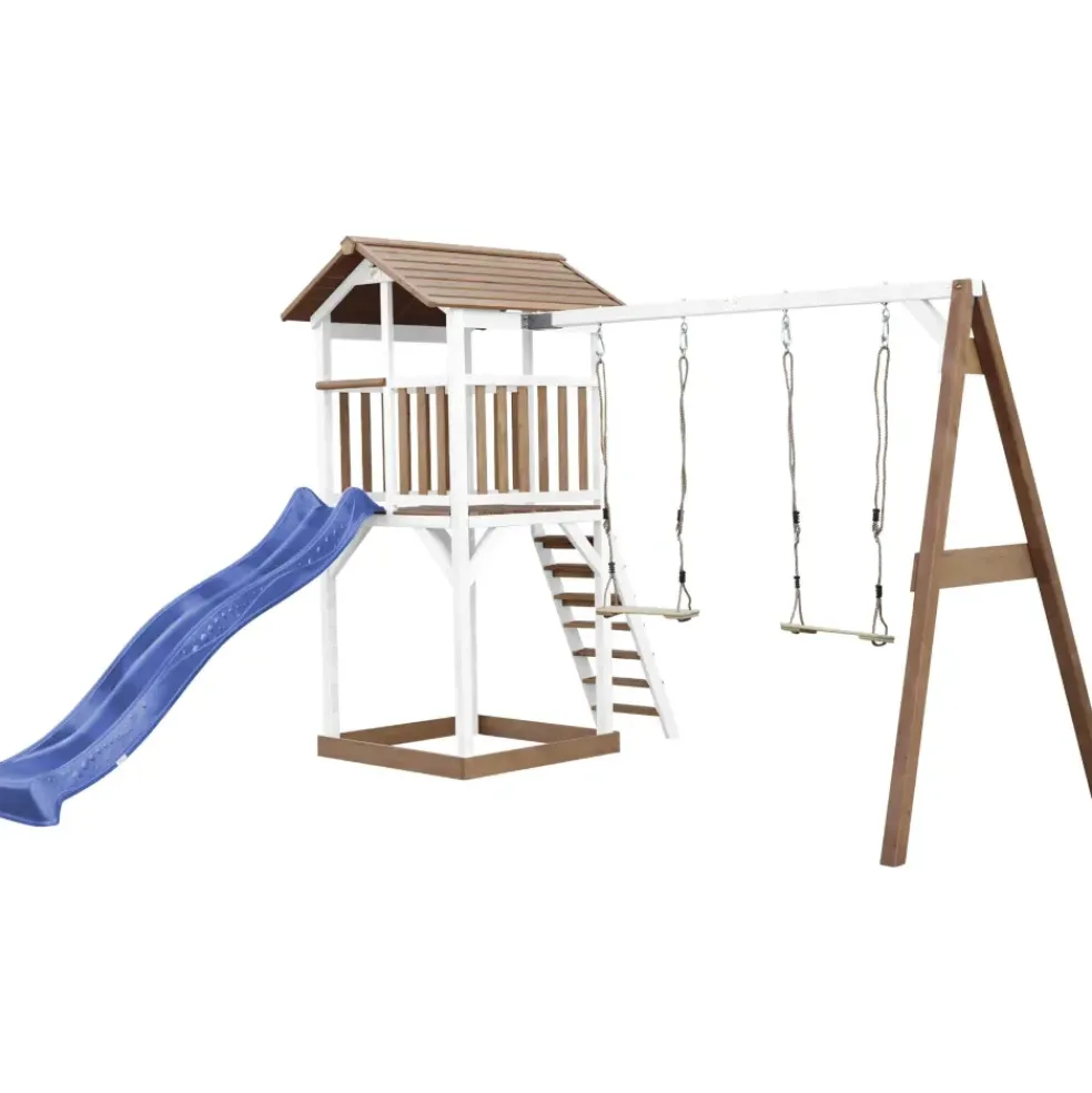 Aire de jeux en bois blanc/marron avec 2 balançoires et toboggan bleu Beach Tower Axi