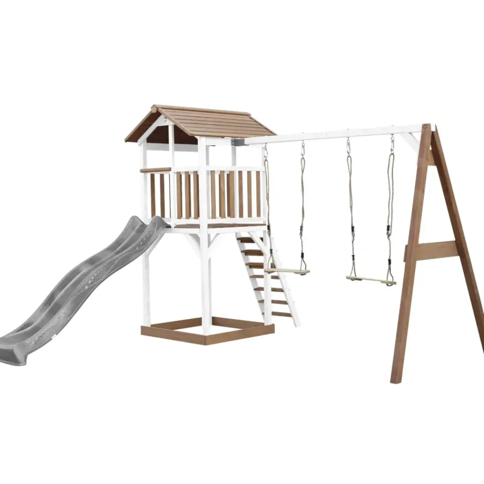 Aire de jeux en bois blanc/marron avec 2 balançoires et toboggan bleu Beach Tower Axi