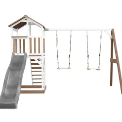 Aire de jeux en bois blanc/marron avec 2 balançoires et toboggan bleu Beach Tower Axi