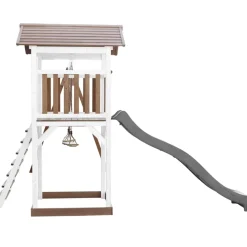 Aire de jeux en bois blanc/marron avec 2 balançoires et toboggan bleu Beach Tower Axi