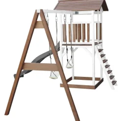 Aire de jeux en bois blanc/marron avec 2 balançoires et toboggan bleu Beach Tower Axi