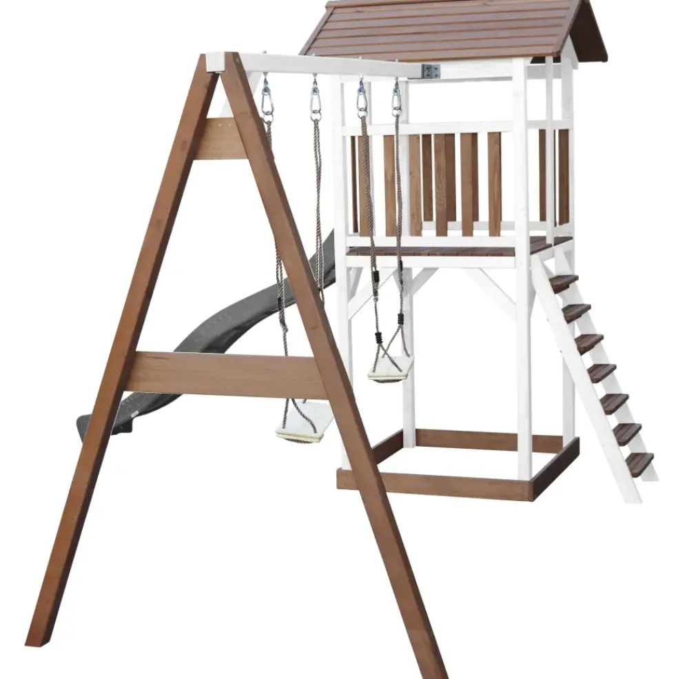 Aire de jeux en bois blanc/marron avec 2 balançoires et toboggan bleu Beach Tower Axi