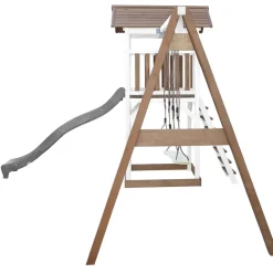 Aire de jeux en bois blanc/marron avec 2 balançoires et toboggan bleu Beach Tower Axi