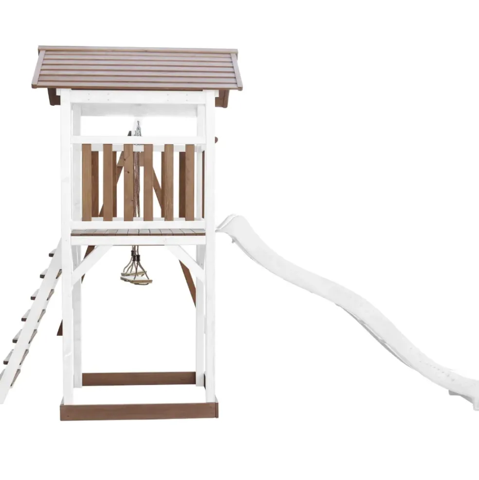Aire de jeux en bois blanc/marron avec 2 balançoires et toboggan bleu Beach Tower Axi