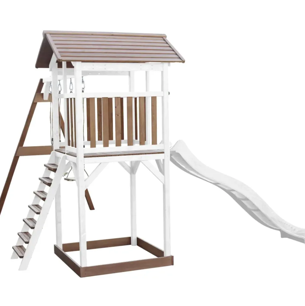 Aire de jeux en bois blanc/marron avec 2 balançoires et toboggan bleu Beach Tower Axi