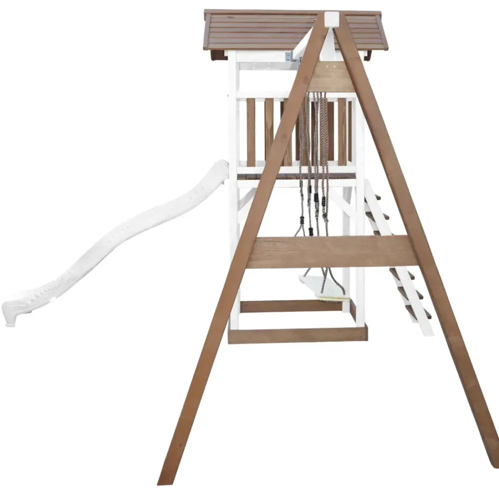 Aire de jeux en bois blanc/marron avec 2 balançoires et toboggan bleu Beach Tower Axi