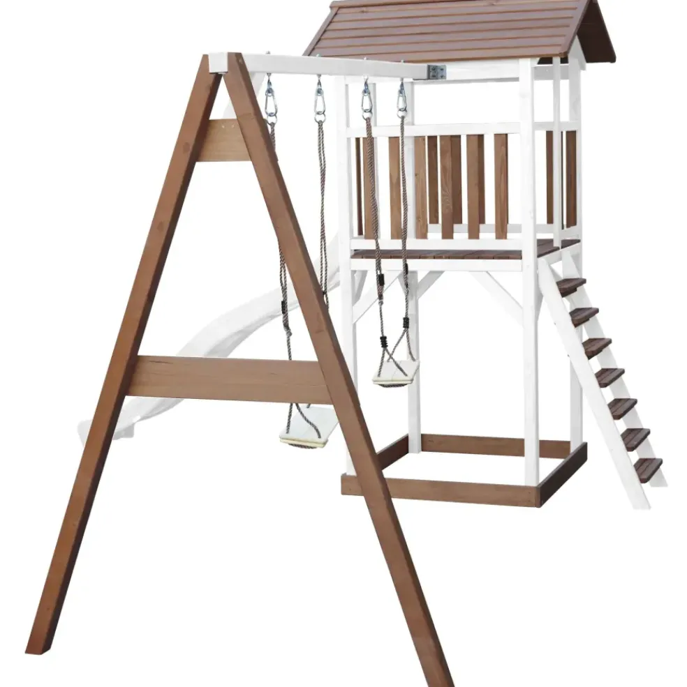 Aire de jeux en bois blanc/marron avec 2 balançoires et toboggan bleu Beach Tower Axi