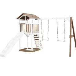 Aire de jeux en bois blanc/marron avec 2 balançoires et toboggan bleu Beach Tower Axi