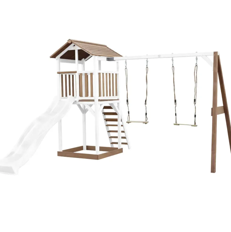 Aire de jeux en bois blanc/marron avec 2 balançoires et toboggan bleu Beach Tower Axi