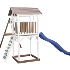 Aire de jeux en bois blanc/marron avec 2 balançoires et toboggan bleu Beach Tower Axi