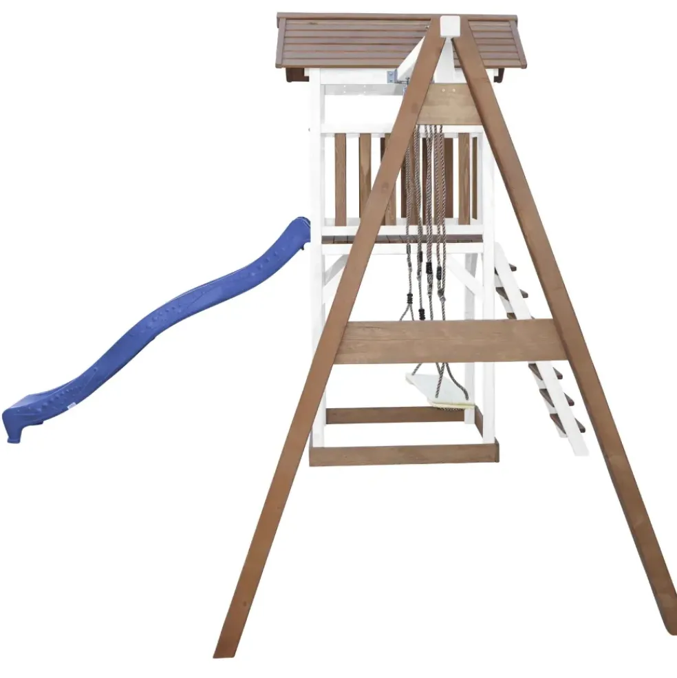 Aire de jeux en bois blanc/marron avec 2 balançoires et toboggan bleu Beach Tower Axi