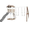 Aire de jeux en bois blanc/marron avec 2 balançoires et toboggan gris Beach Tower Axi