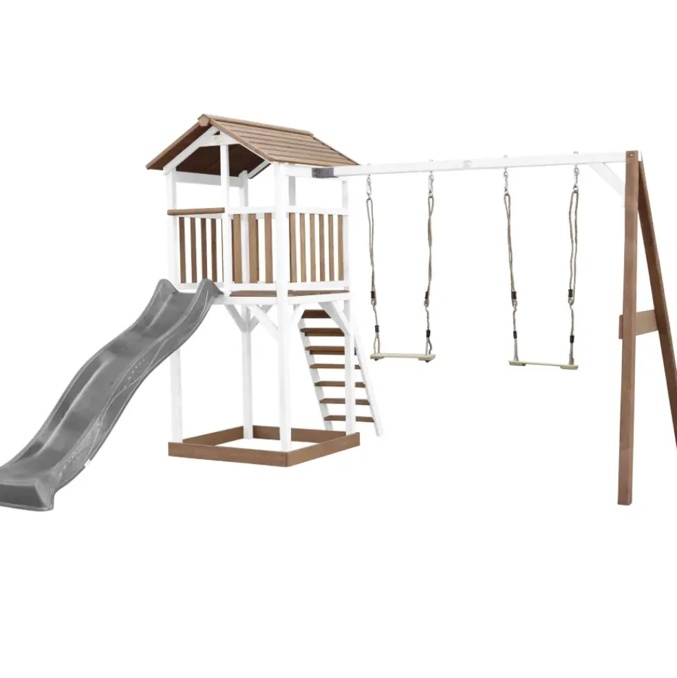 Aire de jeux en bois blanc/marron avec 2 balançoires et toboggan gris Beach Tower Axi