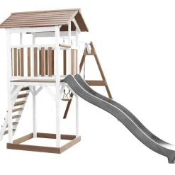 Aire de jeux en bois blanc/marron avec 2 balançoires et toboggan gris Beach Tower Axi