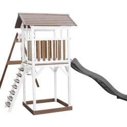 Aire de jeux en bois blanc/marron avec 2 balançoires et toboggan gris Beach Tower Axi