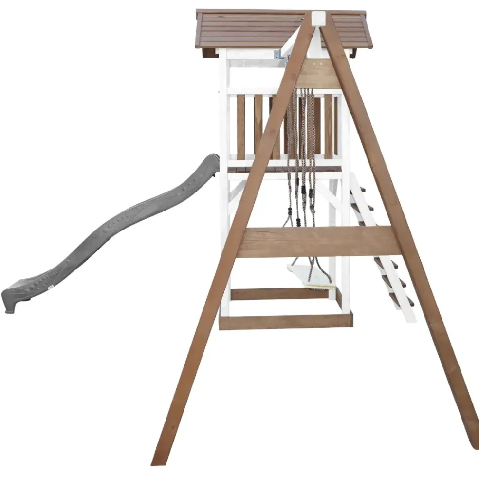 Aire de jeux en bois blanc/marron avec 2 balançoires et toboggan gris Beach Tower Axi