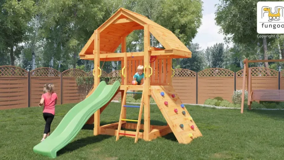 Aire de jeux en bois Buffalo avec mur d'escalade et toboggan de Fungoo