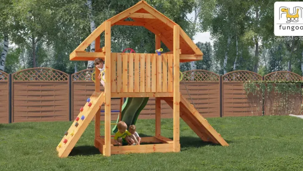 Aire de jeux en bois Buffalo avec mur d'escalade et toboggan de Fungoo