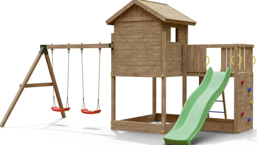 Aire de jeux en bois Galaxy L avec toboggan et maison de chez Fungoo