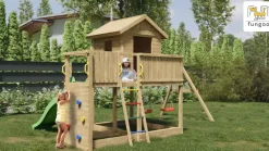 Aire de jeux en bois Galaxy L avec toboggan et maison de chez Fungoo