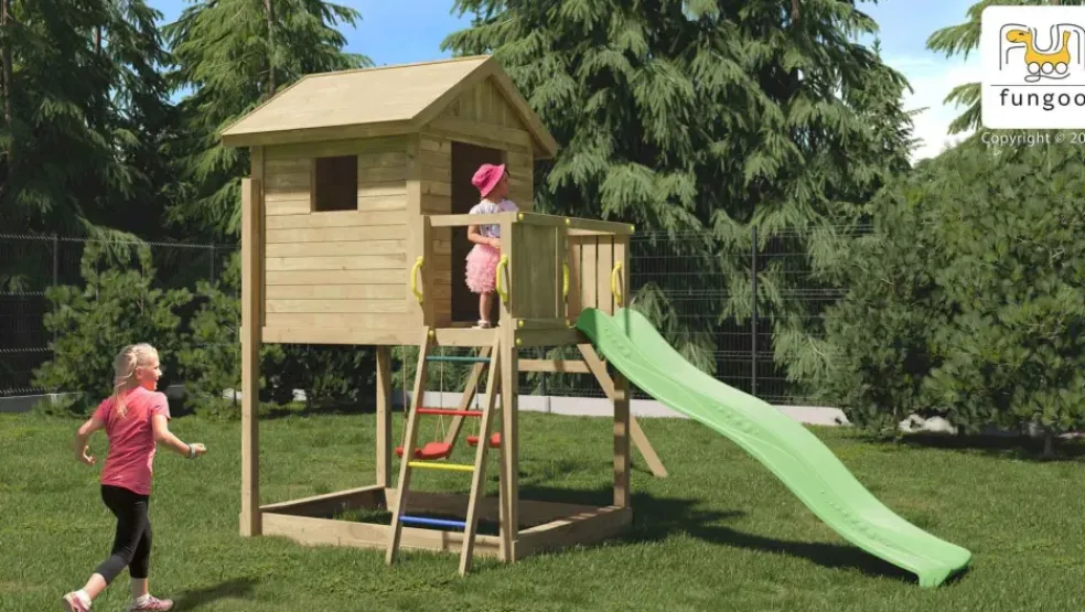 Aire de jeux en bois Galaxy S avec toboggan et maison de chez Fungoo