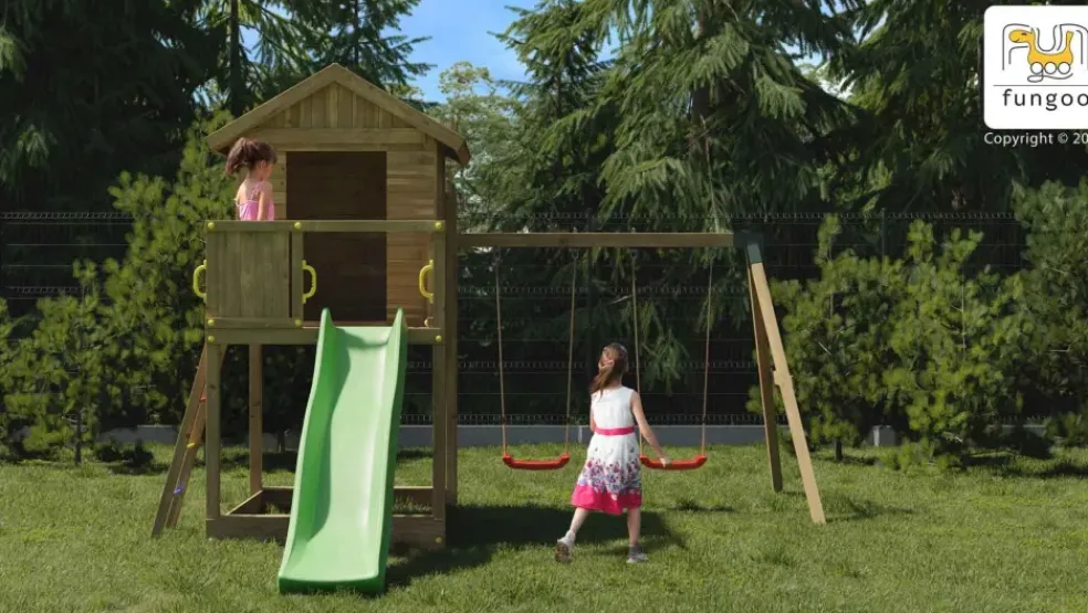 Aire de jeux en bois Galaxy S avec toboggan et maison de chez Fungoo