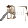 Aire de jeux en bois marron avec 2 balançoires et toboggan gris Beach Tower Axi