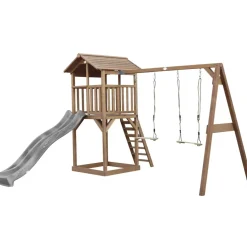 Aire de jeux en bois marron avec 2 balançoires et toboggan gris Beach Tower Axi