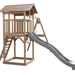 Aire de jeux en bois marron avec 2 balançoires et toboggan gris Beach Tower Axi
