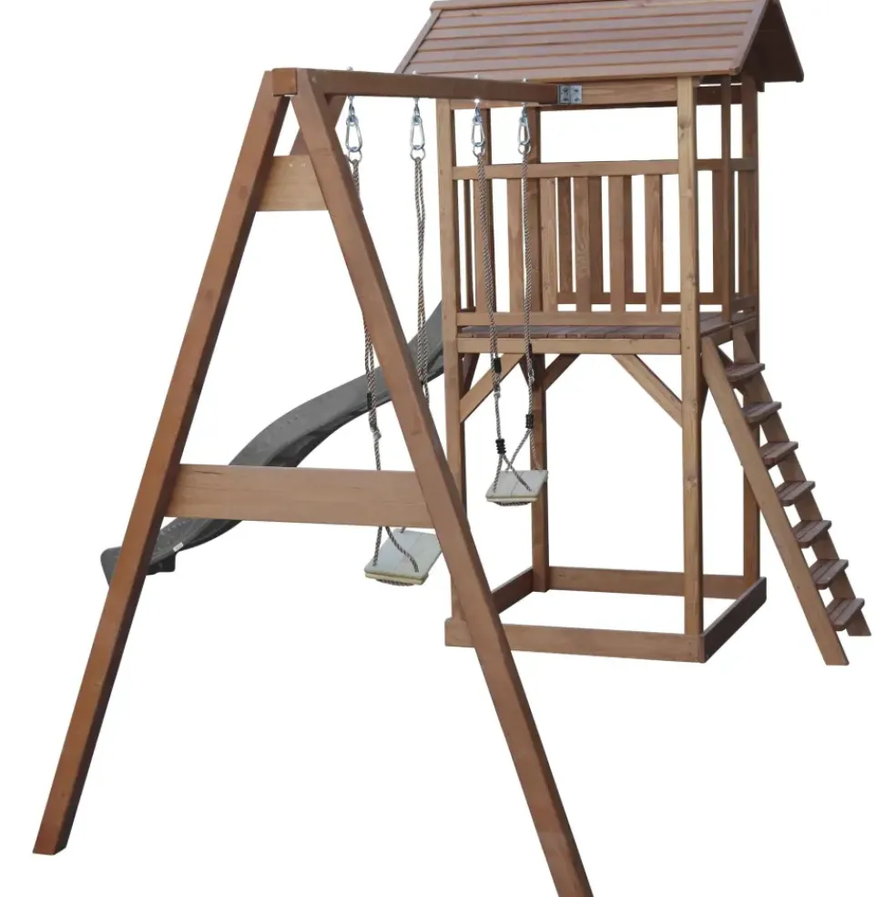 Aire de jeux en bois marron avec 2 balançoires et toboggan gris Beach Tower Axi