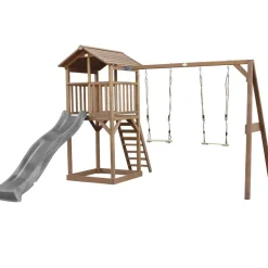 Aire de jeux en bois marron avec 2 balançoires et toboggan bleu Beach Tower Axi